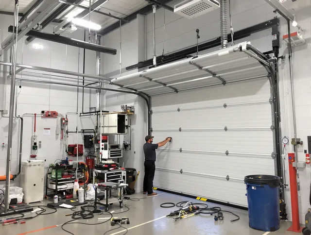 Twinsburg Garage Door Repair certified technician performing commercial door repair at a Twinsburg business facility