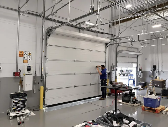 Commercial garage door repair being performed by Twinsburg Garage Door Repair expert in Twinsburg
