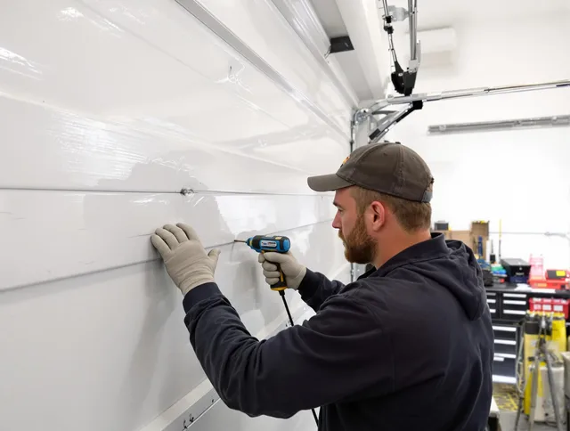 Twinsburg Garage Door Repair technician demonstrating precision dent removal techniques on a Twinsburg garage door