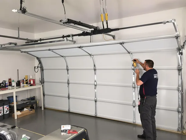 Twinsburg Garage Door Repair certified technician performing overhead door system repair in Twinsburg