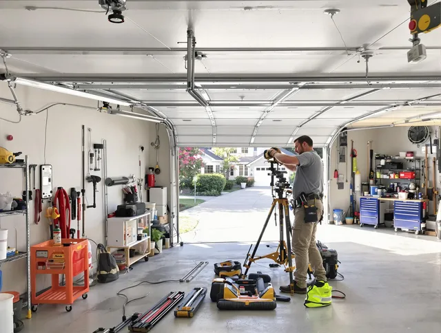 Twinsburg Garage Door Repair specialist performing laser-guided track alignment in Twinsburg